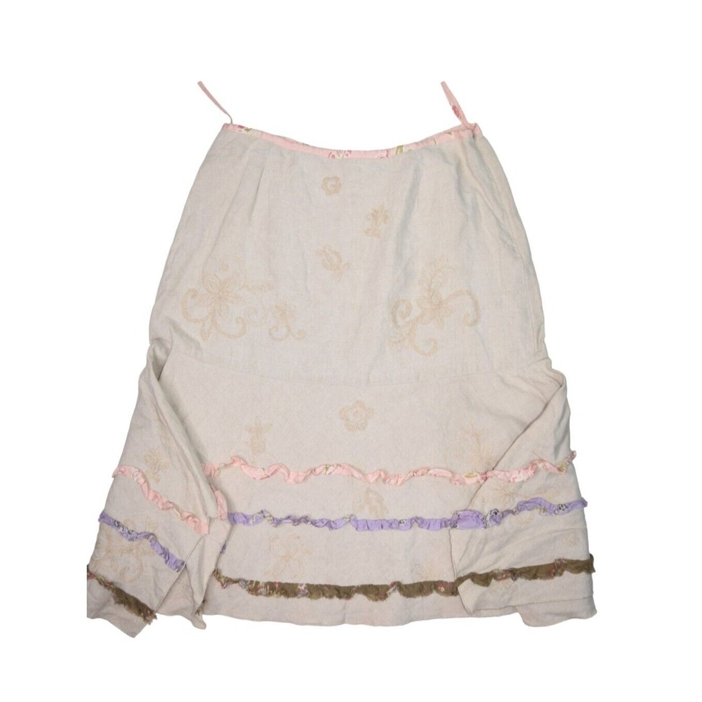J Jill Skirt Womens 14 Linen Floral Embroidered Flare Ruffle Midi Khaki Boho